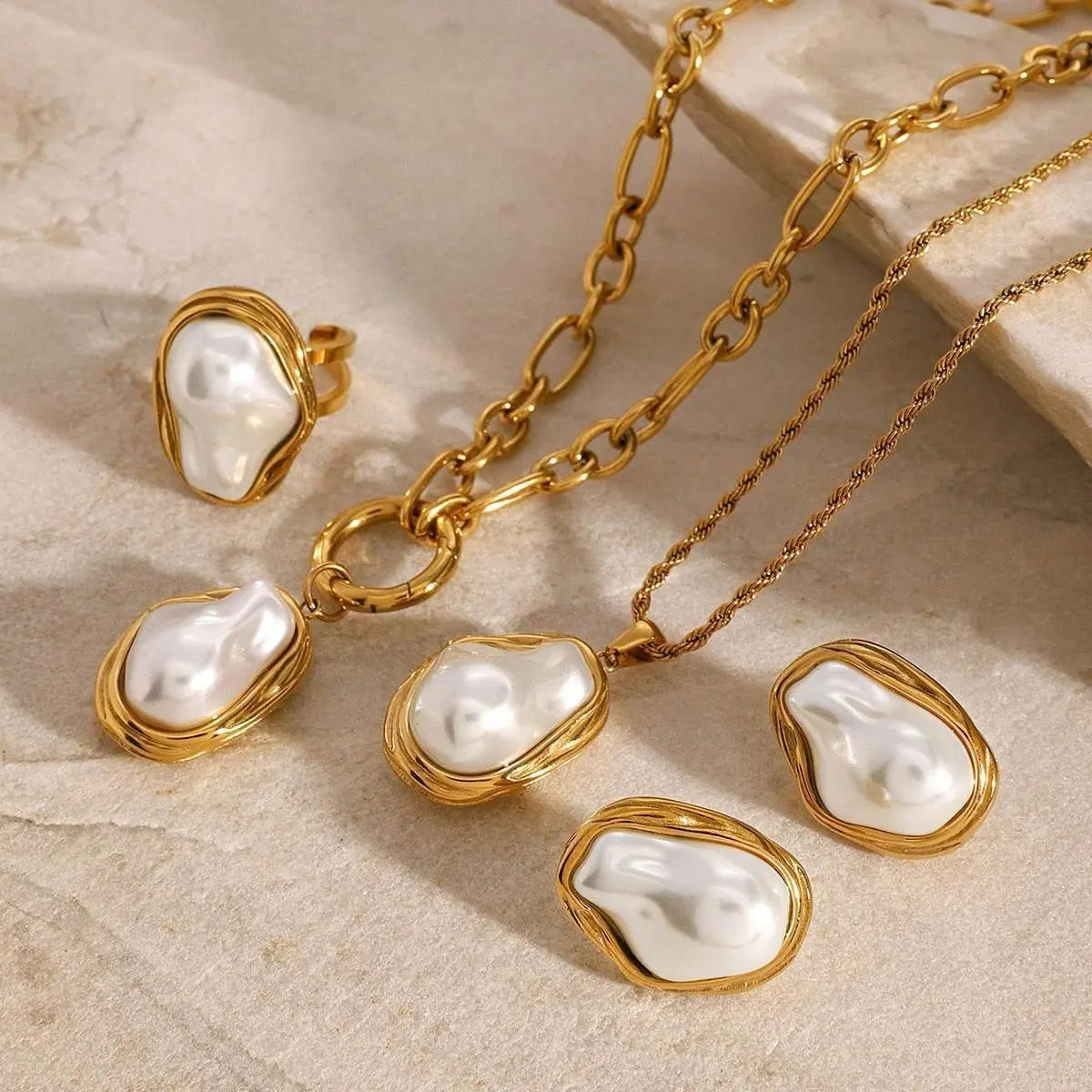 Irregular Pearl Necklace, Earring & Ring Set - Salt Lily